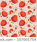 Seamless pattern handdrawns of Strawberry, daisy flower and leaf on  pastel backgrounds. Strawberry wallpaper, cute design for for paper card, cover, fabric, interior decor and other use   107005754