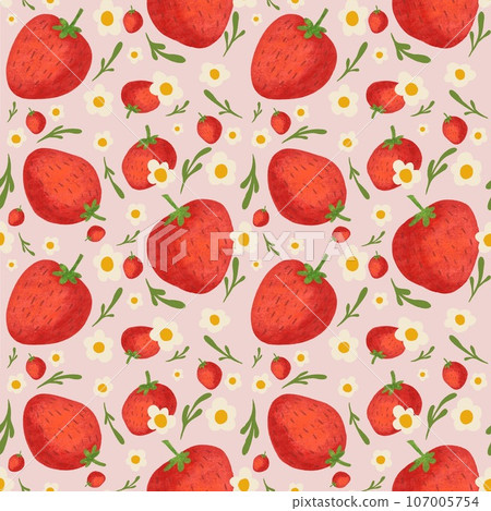 Seamless pattern handdrawns of Strawberry, daisy flower and leaf on  pastel backgrounds. Strawberry wallpaper, cute design for for paper card, cover, fabric, interior decor and other use   107005754
