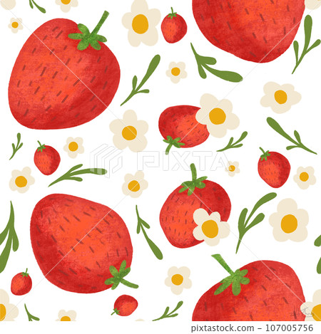 Seamless pattern handdrawns of Strawberry, daisy flower and leaf on  pastel backgrounds. Strawberry wallpaper, cute design for for paper card, cover, fabric, interior decor and other use   107005756