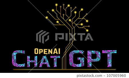 OpenAI company gradient ChatGPT text from PCB and brain from PCB tracks, artificial intelligence, isolated on black background. 107005960