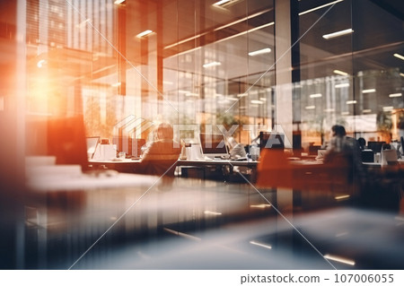 Blurred modern business office interior room use for background in business concept. Blur empty open space corporate business office. Workspace design. Computer on table in office. Generative AI. Blurred modern business office interior room use for background in business concept. Blur empty open space corporate business office. Workspace design. Computer on table in office. Generative AI. 107006055