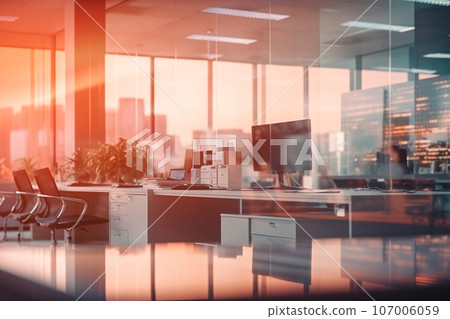 Blurred modern business office interior room use for background in business concept. Blur empty open space corporate business office. Workspace design. Computer on table in office. Generative AI. Blurred modern business office interior room use for background in business concept. Blur empty open space corporate business office. Workspace design. Computer on table in office. Generative AI. 107006059