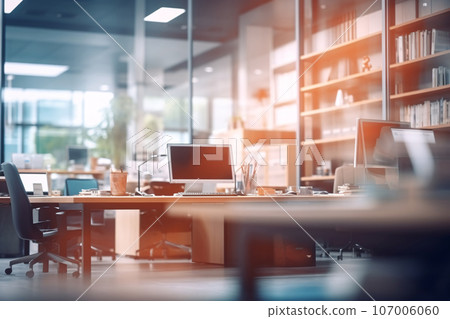 Blurred modern business office interior room use for background in business concept. Blur empty open space corporate business office. Workspace design. Computer on table in office. Generative AI. Blurred modern business office interior room use for background in business concept. Blur empty open space corporate business office. Workspace design. Computer on table in office. Generative AI. 107006060