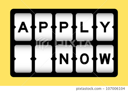 Black color in word apply now on slot banner with yellow color background 107006104