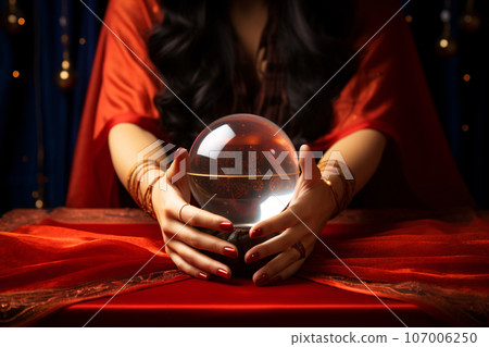 Fortune teller's female hand and crystal ball (AI generated image) 107006250