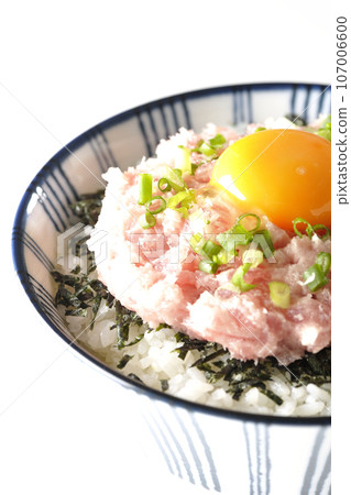 A bowl of shredded seaweed, egg yolk, and green onions is photographed against a white background. A bowl of shredded seaweed, egg yolk, and green onions is photographed against a white background. 107006600
