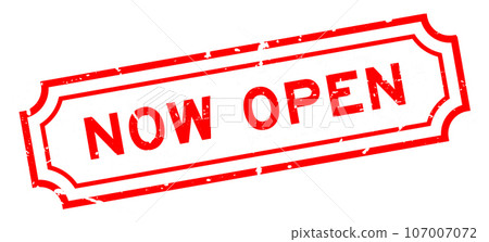 Grunge red now open word rubber seal stamp on white background 107007072