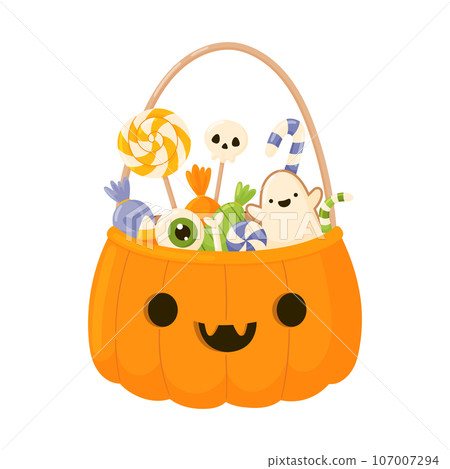 Halloween basket of pumpkins and sweets. Cartoon vector illustration, 107007294