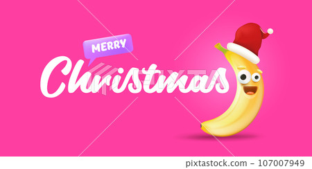 Merry Christmas horizontal greeting banner with funny cartoon banana character wearing santa red hat isolated on pink background. Funny and cute Christmas card with smiling Banana monster Merry Christmas horizontal greeting banner with funny cartoon banana character wearing santa red hat isolated on pink background. Funny and cute Christmas card with smiling Banana monster 107007949