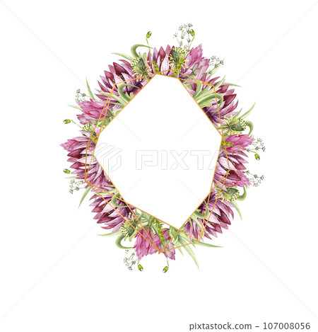 A polygonal frame with flowers of water lilies and wild forest grasses. Watercolor illustration on a white background 107008056