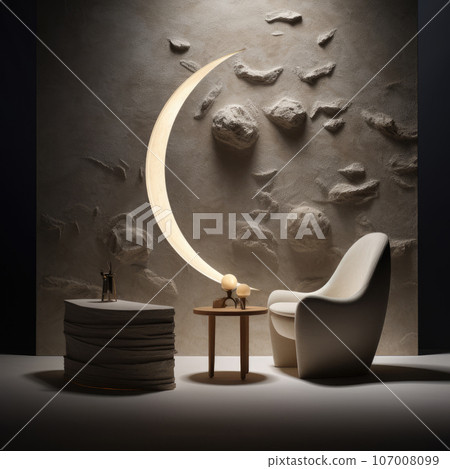 Bright moon lamp illuminates dark room, creating cozy atmosphere with armchair and decor. Ai generated. 107008099