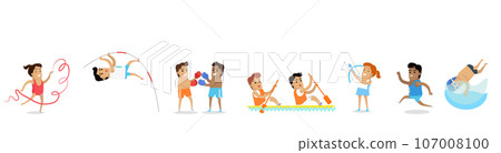 Sport concept banners. Sport games. Traditional world famous International competitions in summer sports. Cartoon characters athletes compete in different disciplines. 107008100