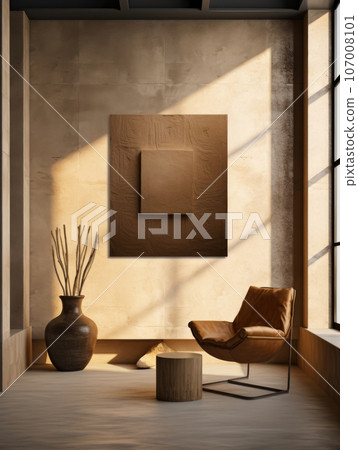Contemporary, cozy brown living room with modern decor and leather armchair. Ai generated. 107008101