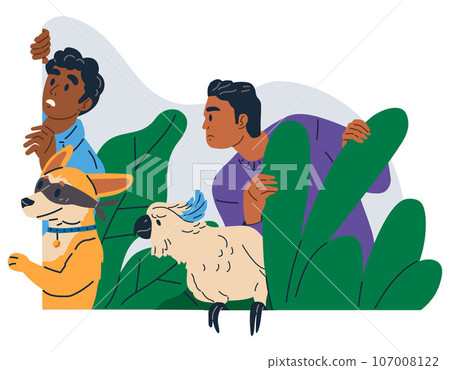 Spying, observing and sneaking. Vector illustration. Making observation, craft of collecting hidden details Characters peeping, intrigued spectators operating from sidelines Looking out, quiet act 107008122