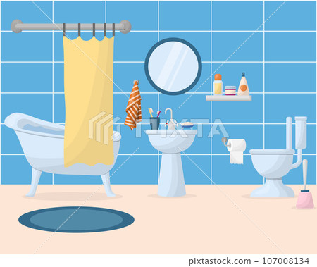 bathroom interior with furniture. Home interior items - a bathtub, a round mirror, a washbasin, a toilet. bathroom interior with furniture. Home interior items - a bathtub, a round mirror, a washbasin, a toilet. 107008134