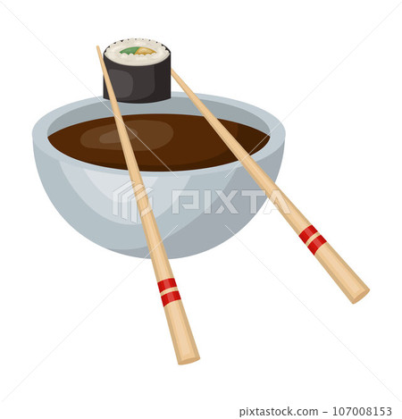 soy sauce in a bowl, sushi sticks. vector illustration 107008153