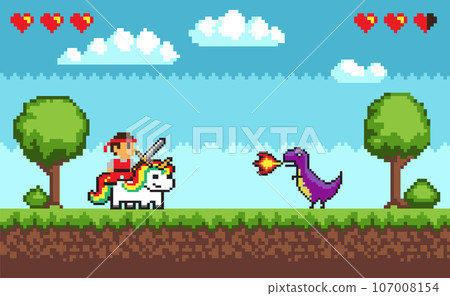 Pixel game fight screen. Retro 8 bit video game interface with hero and dragon, computer game landscape background. Vector pixel art illustration. Game screen pixel, retro video game 107008154