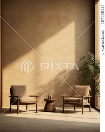 Beige interior with lobby armchairs, natural light, wooden floor, and decor. Ai generated illustration. 107008155