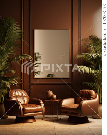 Contemporary, minimalist living room with brown armchairs, natural lighting, and lush palm tree. Ai generated illustration. 107008158