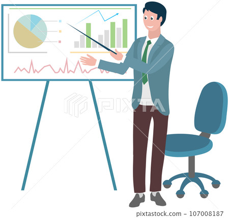 Man preparing to submit progress report vector illustration. Businessman stands near charts and graphs with statistical data. Male employee during presentation of business result, financial statistics 107008187