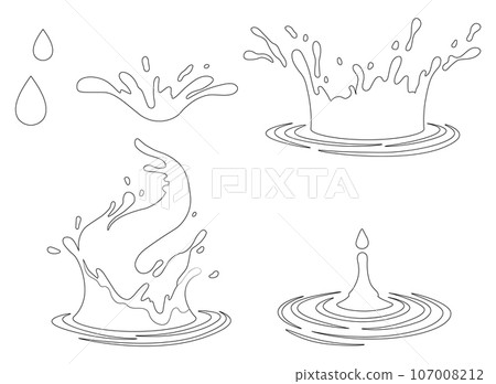 Water and juice splash liquide. Black doodle line. A dripped droplet, micro tale of gravity and surface tension A spill shape, abstract artists delight born from accident A water splash, fleeting Water and juice splash liquide. Black doodle line. A dripped droplet, micro tale of gravity and surface tension A spill shape, abstract artists delight born from accident A water splash, fleeting 107008212