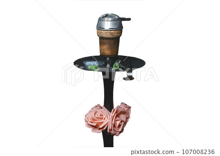 Clay hookah bowl smoking object decorated decorative rose design on isolated white background close up Clay hookah bowl smoking object decorated decorative rose design on isolated white background close up 107008236