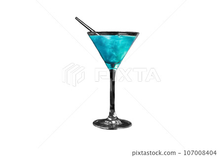 A martini glass with a blue alcoholic beverage and a straw on a white isolated background 107008404