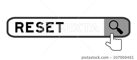 Search banner in word reset with hand over magnifier icon on white background Search banner in word reset with hand over magnifier icon on white background 107008481