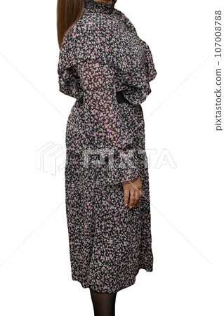 Skinny girl in fashionable stylish dress clothes in flower abstract pattern on white background isolated Skinny girl in fashionable stylish dress clothes in flower abstract pattern on white background isolated 107008788