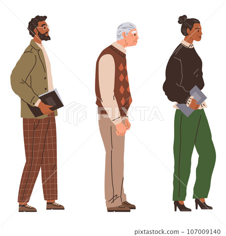Waiting line, people queuing. Vector illustration. A group people waiting for train were chatting and laughing The queue men and women was winding around corner Standing in line for popular restaurant Waiting line, people queuing. Vector illustration. A group people waiting for train were chatting and laughing The queue men and women was winding around corner Standing in line for popular restaurant 107009140