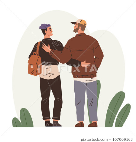 Couple of two men walking outdoors, hugging. Male best friends embracing and supporting each other at meeting. Back view of gay partners. Concept of going away or walking together with best friend 107009163