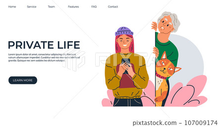 Non respect of private life landing page. Curious old lady gossip listen overhear and spy out corner. Searching, observing woman secretly looking out from wall listening to phone conversation of girl 107009174