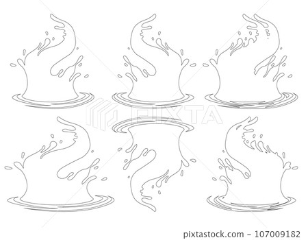 Water and juice splash liquide. Black doodle line. A spill shape, testament to unpredictable beauty of chaos A water splash, sudden burst of aquatic joy Fresh juice splashed, colorful spectacle 107009182