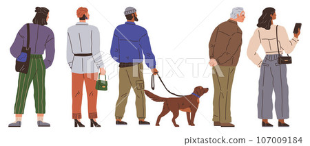 Big queue. Many multitude people. Vector illustration. The queue moved slowly, but crowd maintained their composure People waiting in long line occasionally checked their watches, aware passing time 107009184