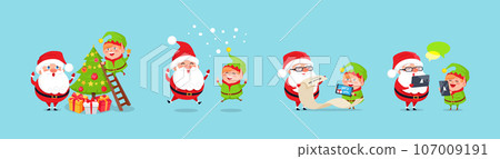 Santa Claus big Christmas and New Year set. Set of funny cartoon Santa with different emotions and situations. Happy old man with white beard. Santa with elf. Christmas scenes for your festive design Santa Claus big Christmas and New Year set. Set of funny cartoon Santa with different emotions and situations. Happy old man with white beard. Santa with elf. Christmas scenes for your festive design 107009191