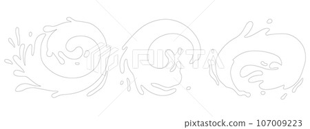 Water and juice splash liquide. Black doodle line. A wave shape, timeless symbol of seas restless spirit A drop shape, subtle hint at essence of all liquids A dripped droplet, moment frozen in dance 107009223