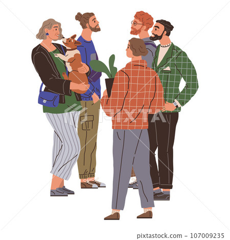 Waiting line, people queuing. Vector illustration. A group people waiting for new product launch camped overnight The queue men and women at polling station was inspiring SWaiting made conversation 107009235