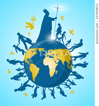 the pope over the world with the faithful 107009631