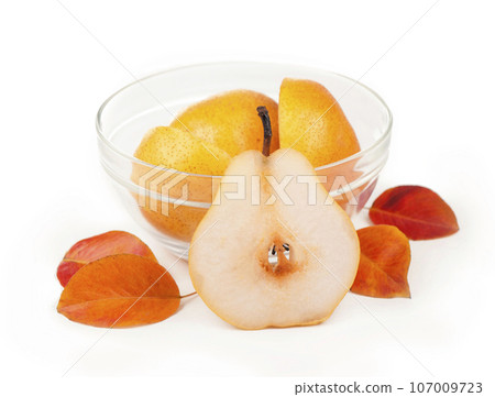 Fresh ripe pears isolated on white background. 107009723
