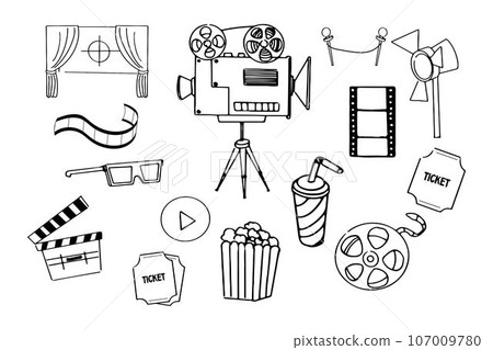Cinema elements in doodle style with filmstrip, camera, tape, tickets retro isolated on white background. 107009780