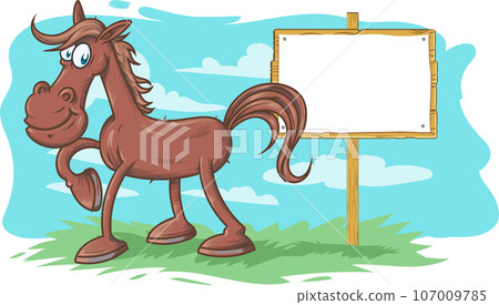 Galloping Cartoon Horse with background and signboard. vector illustration 107009785