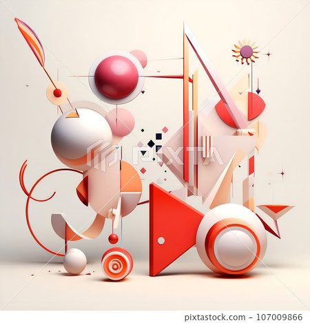 3d geometric shapes and objects in a modern and geometric style, light beige and magenta. Lively movement portrayal, surrealism-inspired, balance, poured, bauhaus photography, organic forms, muted 107009866