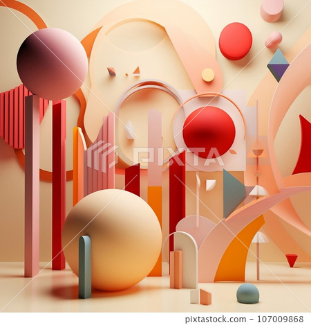 3d geometric shapes and objects in a modern and geometric style, light beige and magenta. Lively movement portrayal, surrealism-inspired, balance, poured, bauhaus photography, organic forms, muted 107009868