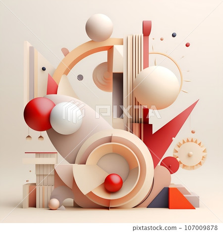 3d geometric shapes and objects in a modern and geometric style, light beige and magenta. Lively movement portrayal, surrealism-inspired, balance, poured, bauhaus photography, organic forms, muted 107009878