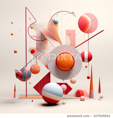 3d geometric shapes and objects in a modern and geometric style, light beige and magenta. Lively movement portrayal, surrealism-inspired, balance, poured, bauhaus photography, organic forms, muted 107009882