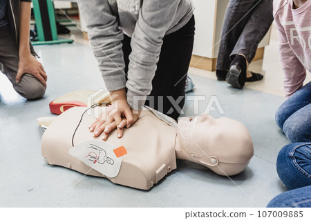 First aid cardiopulmonary resuscitation course using automated external defibrillator device, AED. First aid cardiopulmonary resuscitation course using automated external defibrillator device, AED. 107009885