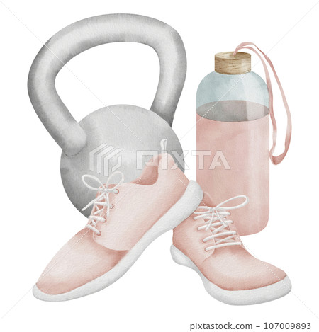 Sneakers with water bottle and kettlebell on isolated background. Hand drawn watercolor female Fitness equipment illustration. Drawing of pink Sports shoes for women and dumbbell for icon or logo. 107009893