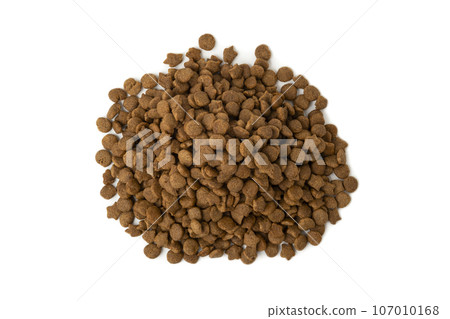 Heap of Dry dog food pellets isolated on white background.Top view 107010168