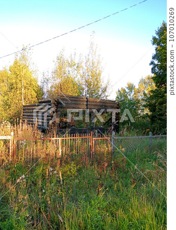 A burnt out village house behind a fence among thickets of grass A burnt out village house behind a fence among thickets of grass 107010269
