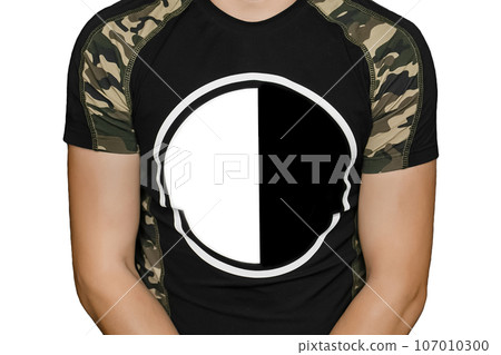 Yin and yang sign symbol black and white contrast round circle on the T-shirt for text and design blank space empty background Yin and yang sign symbol black and white contrast round circle on the T-shirt for text and design blank space empty background 107010300